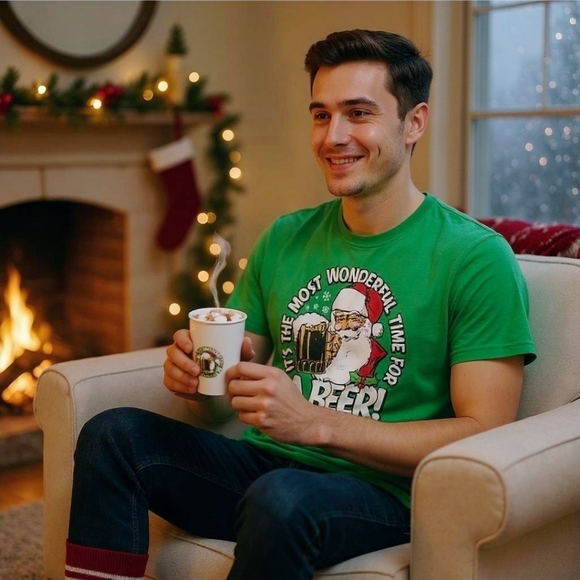 MAD Engine ✦ Holiday Tee ✦ Green “Santa Likes Beer Too” Christmas Shirt L NWT - Picture 2 of 10